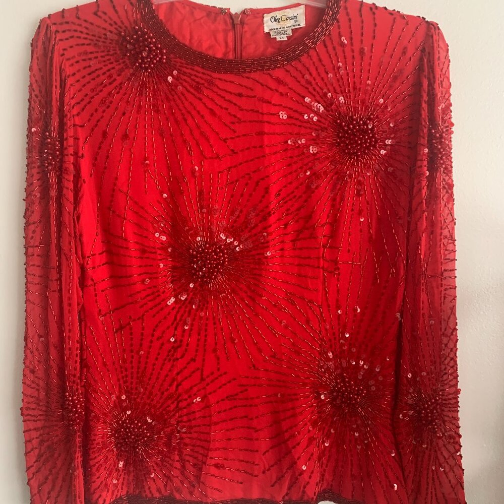 Oleg Cassini Blouse Top Womens M Red Silk Sequin Beaded Long Sleeve Back Zip